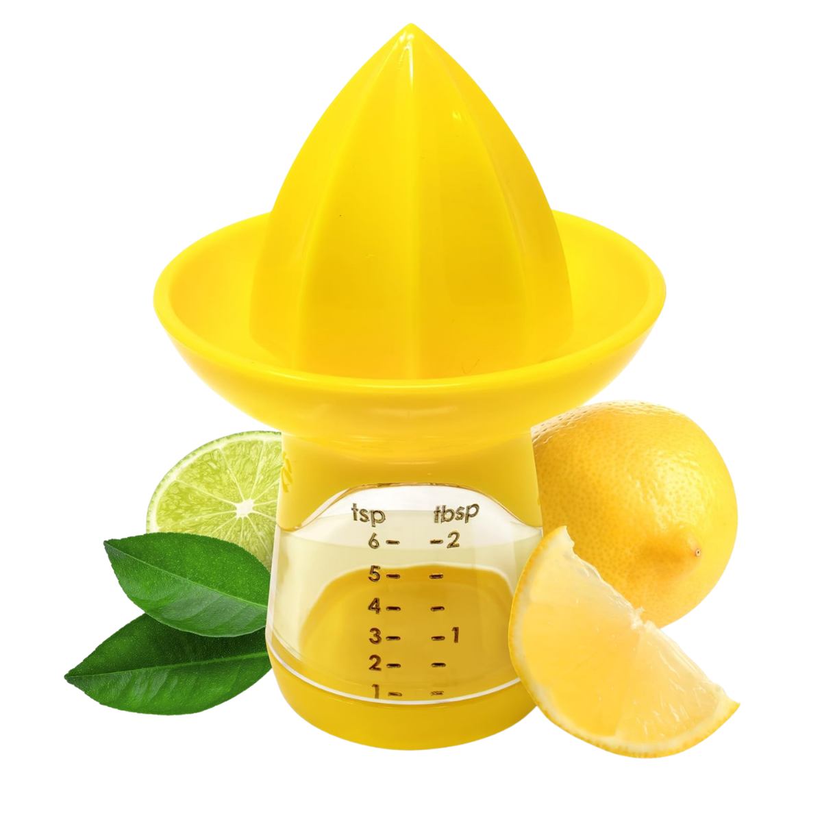 Yellow citrus juicer, lemon halves, lime slice, and lemon leaves.