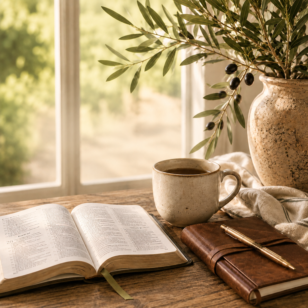 A cozy setting with an open Bible, a ceramic cup of coffee, a leather journal with a pen, and a vase of green olive leaves with dark berries in front of a window with sunlight streaming in.