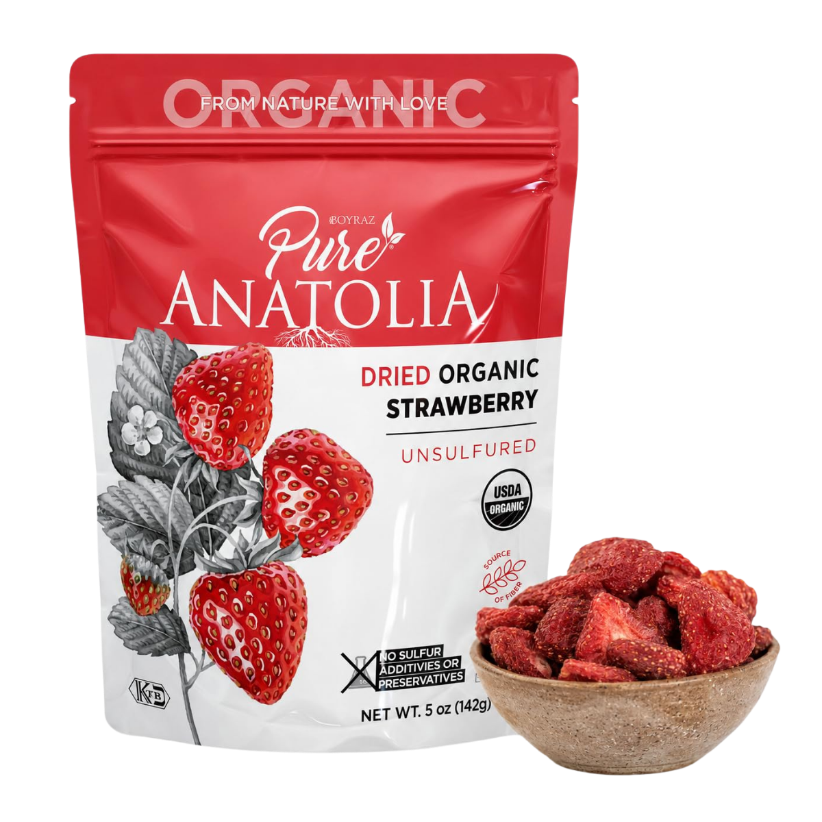 Package of Boyraz Pure Anatolia dried organic strawberries with a bowl of dried strawberries beside it.