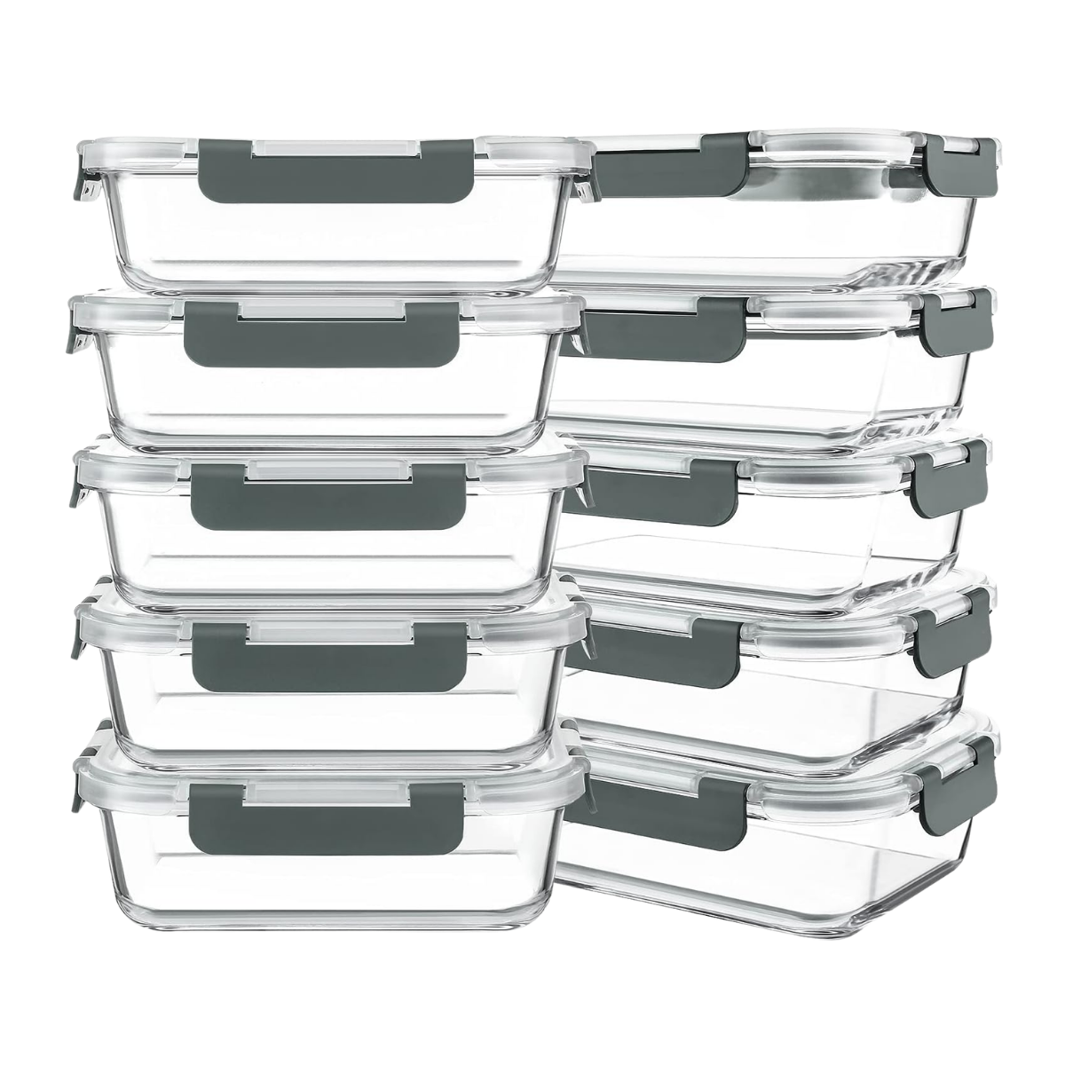 Stacked clear glass food storage containers with gray lids and latches.