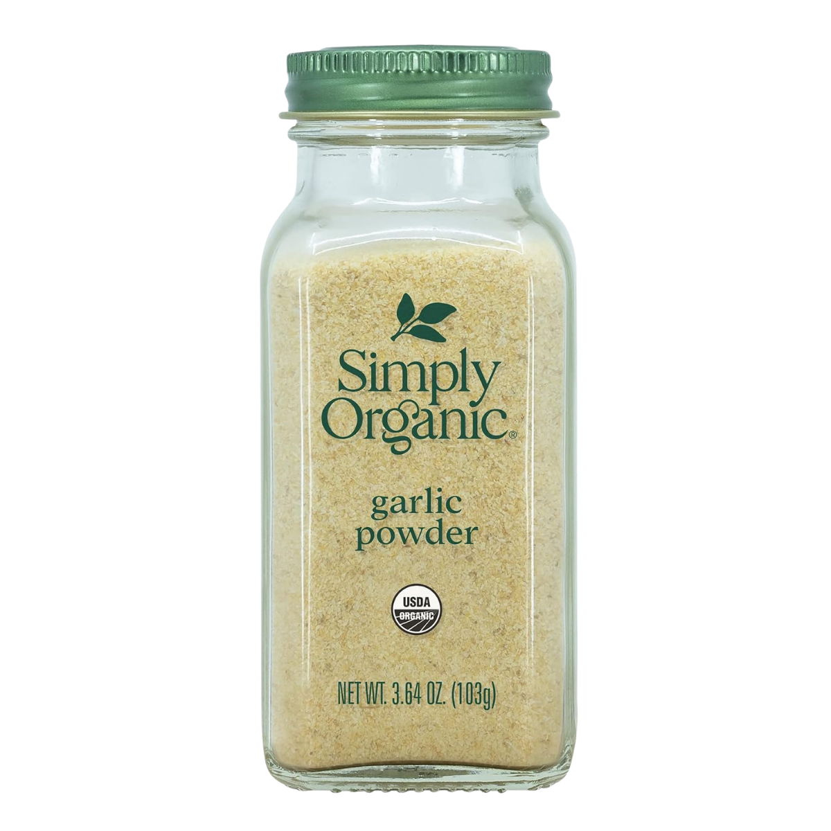 A jar of Simply Organic garlic powder with a green lid and beige garlic powder inside.