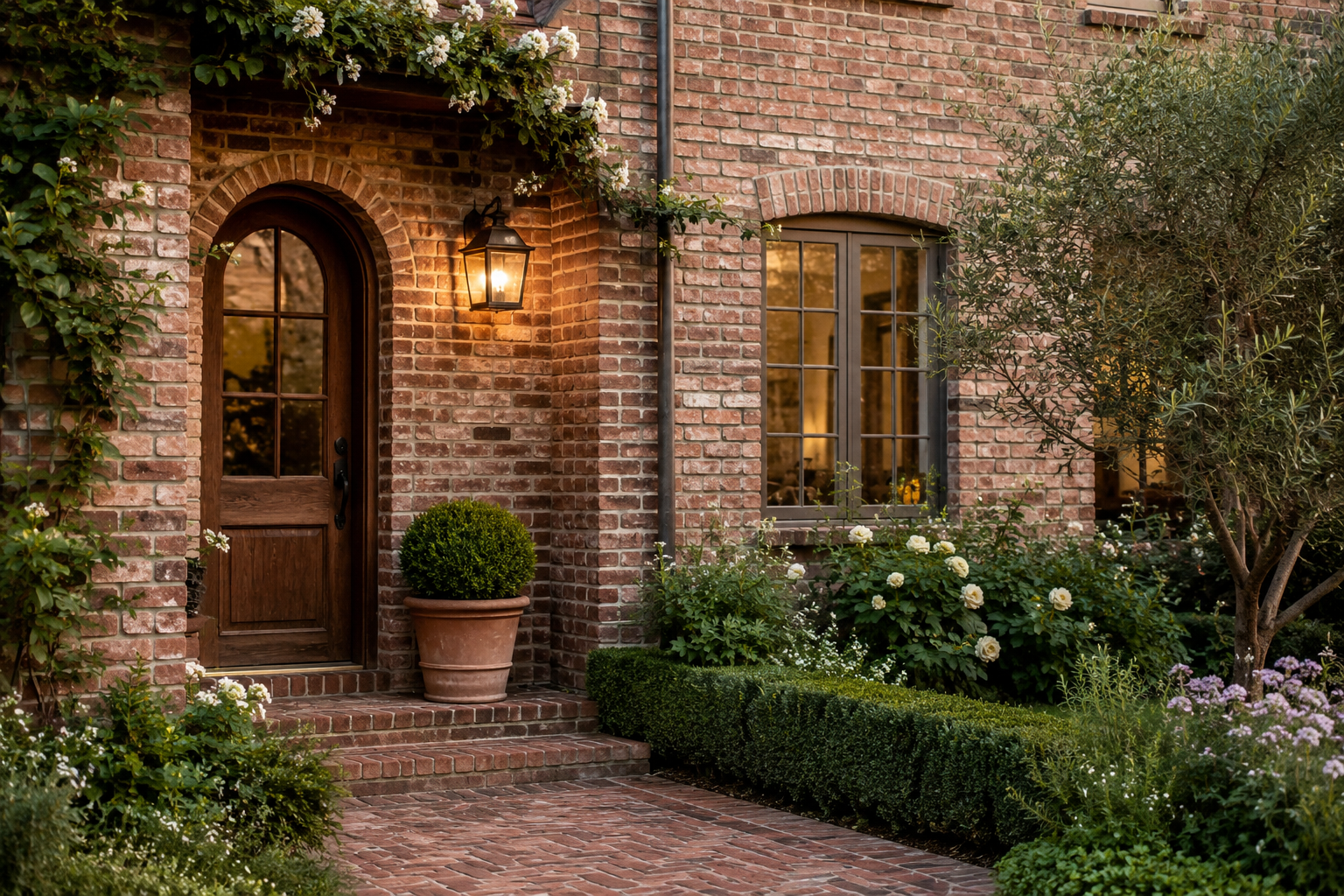 Warm Brick European Home boxwoods wood grain door copper