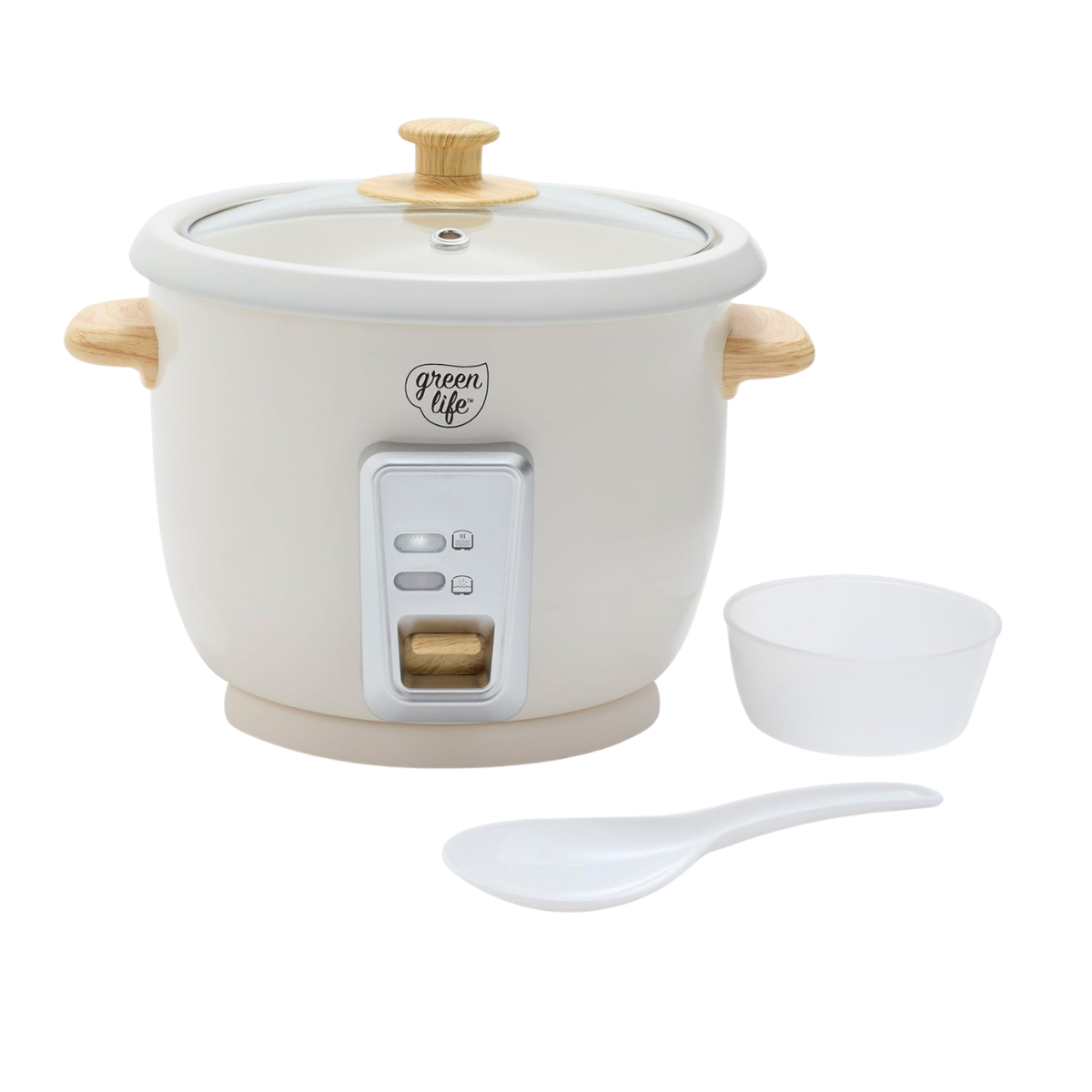 A white electric rice cooker with a wooden knob on the lid, a matching wooden handle on the side, and a small white bowl and spoon in front of it.