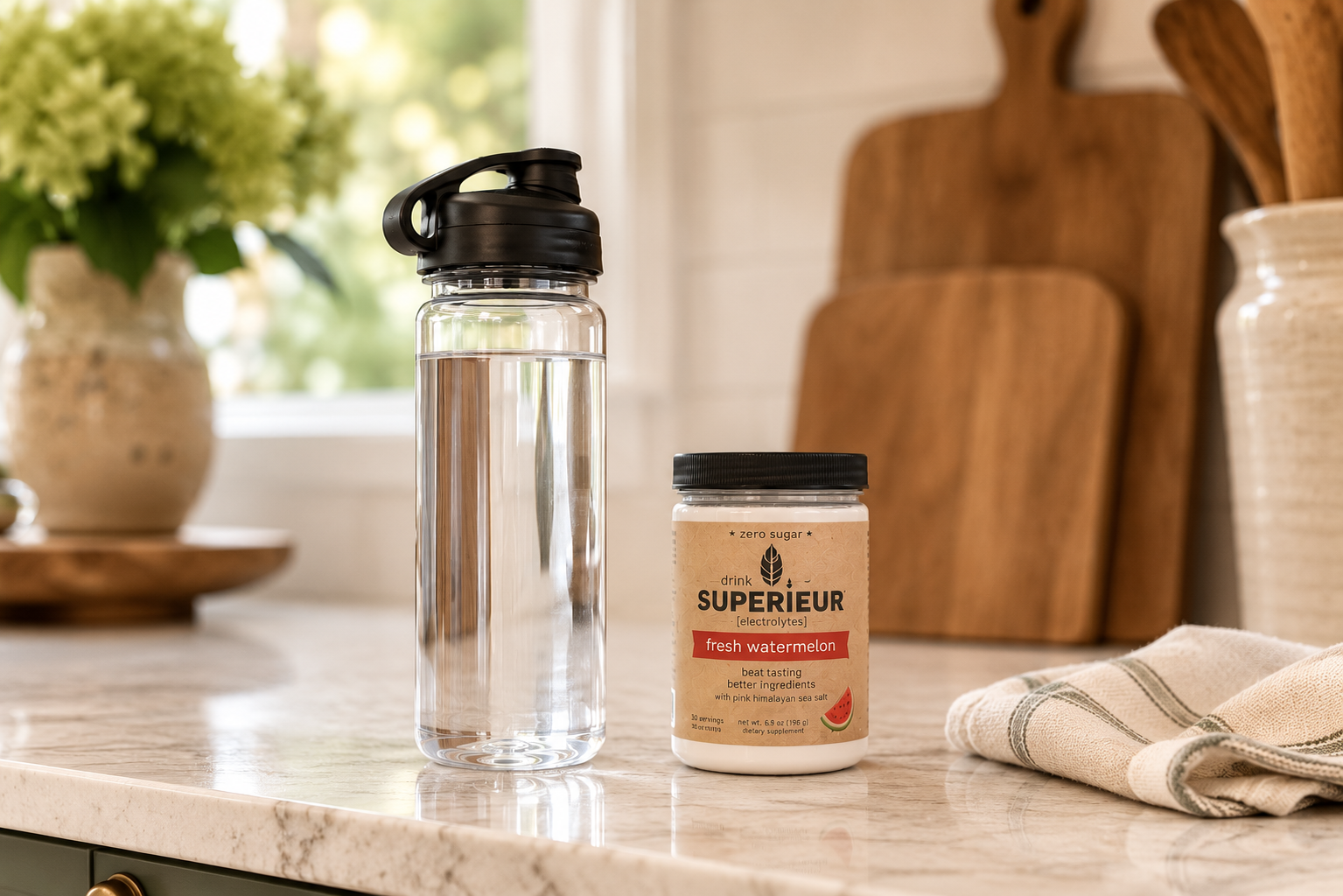 A clear water bottle and a container of Superieur electrolyte powder in a kitchen with wooden cutting boards, a towel, and a potted plant.