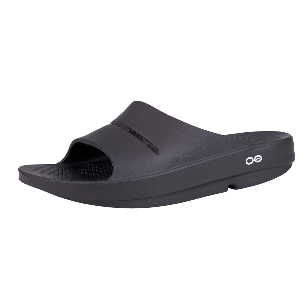 Black slide sandals with an open toe design and a wide strap over the foot, featuring two small white circles on the side