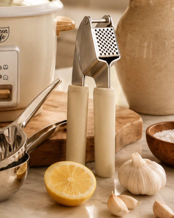 Kitchen countertop with a garlic press, sliced lemon, garlic cloves, a bowl of salt, and a slow cooker in the background.