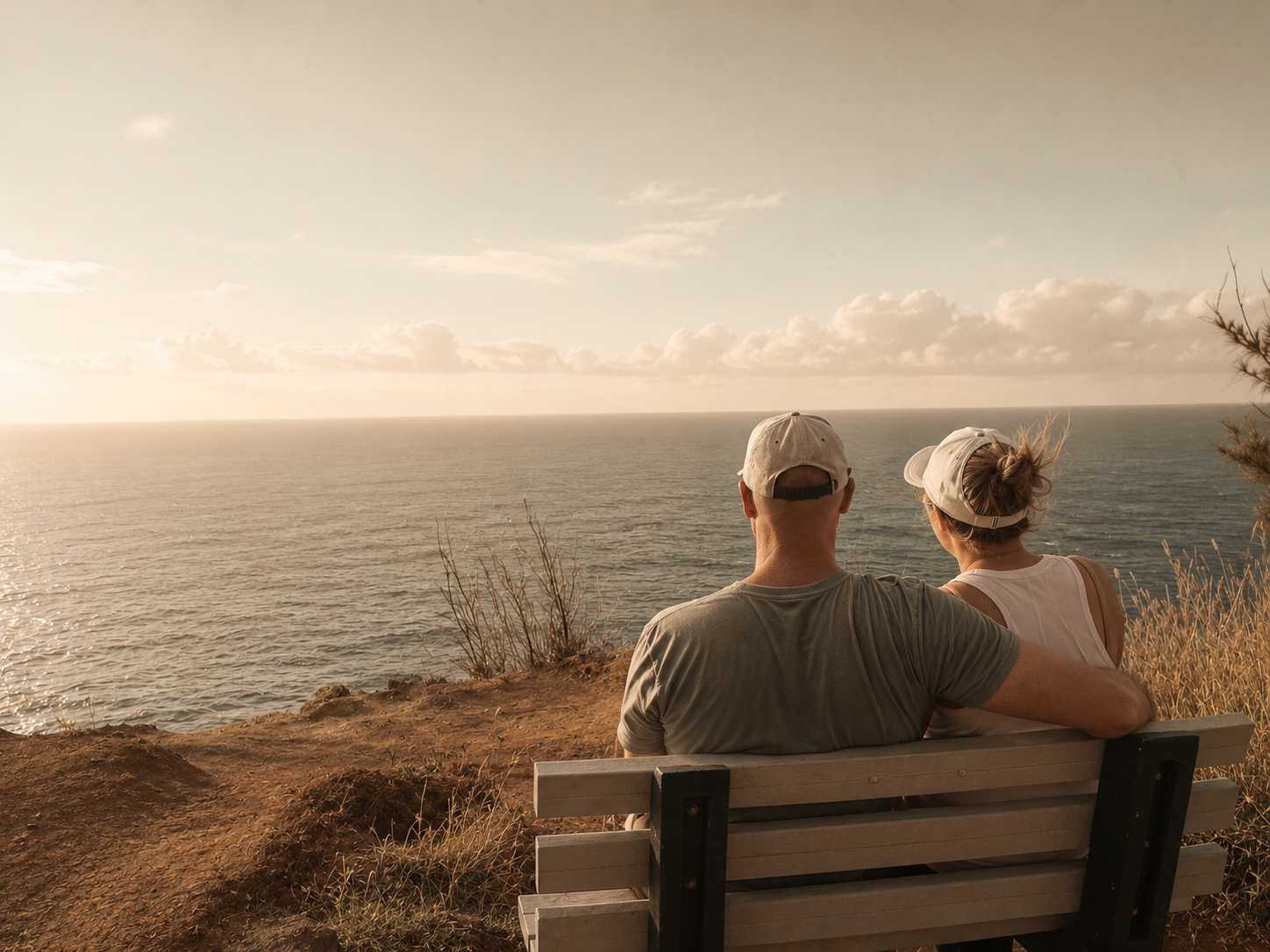 Heather and her husband sitting on a bench overlooking God's creation of an ocean in Hawaii.