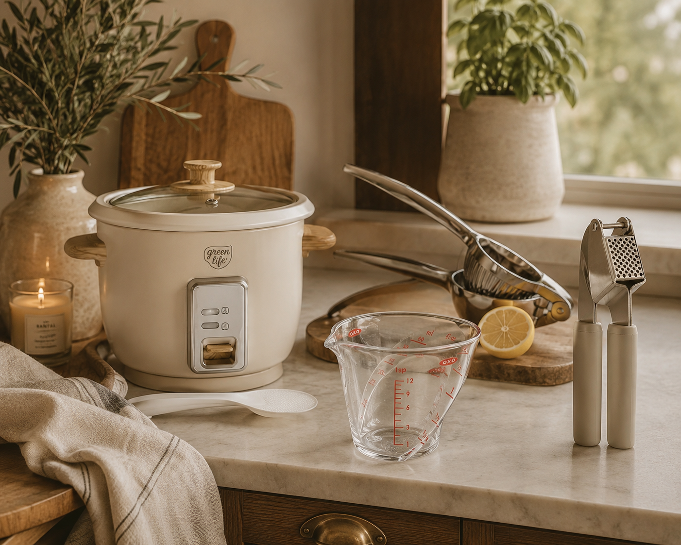 Kitchen countertop with slow cooker, measuring cup, lemon half, citrus juicer, grater, and kitchen towels, with potted plants and a candle in the background.