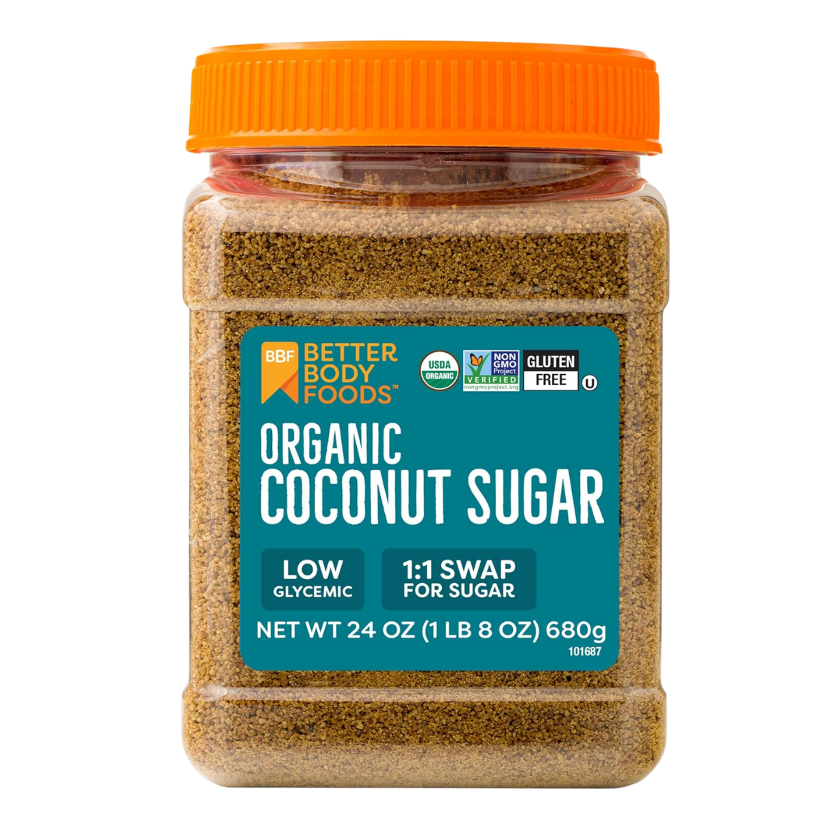 A plastic jar of Better Body Foods organic coconut sugar with an orange lid and a blue label that states low glycemic, 1:1 swap for sugar, net weight 24 ounces.