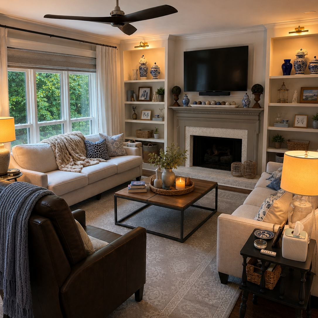 Warm and welcoming family room with soft lamp lighting, comfortable seating, blue-and-white decor, and a cozy gathered-home feel.