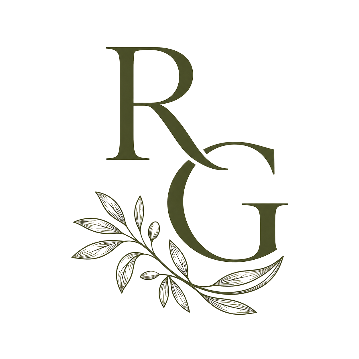 Stylized monogram of the letters R and G with decorative leafy branches.