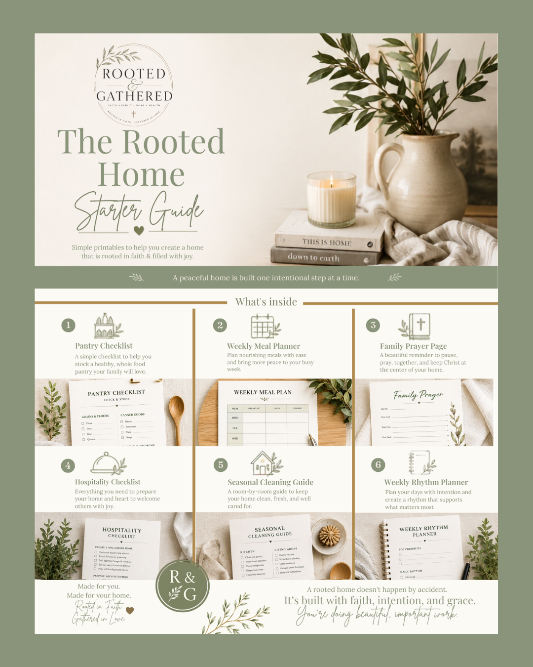 A home guide titled 'The Rooted Home Starter Guide' featuring sections on pantry checklist, weekly meal planner, family prayer page, hospitality checklist, seasonal cleaning guide, and weekly rhythm planner. The background shows a neutral-toned cozy home decor with a candle, a plant in a vase, and stacked books.