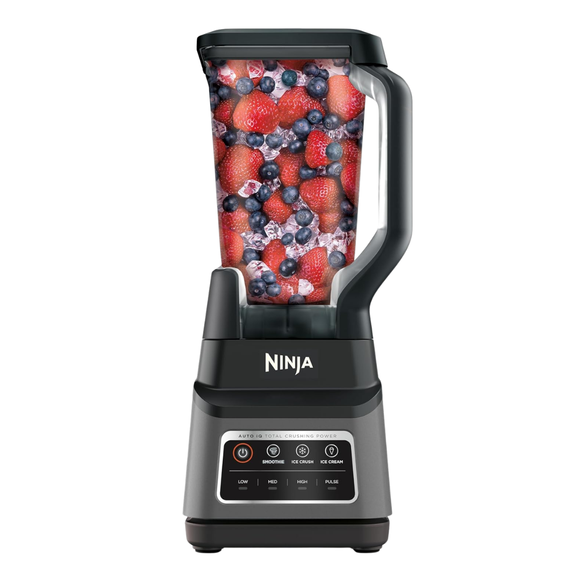 A Ninja blender filled with mixed berries and ice.