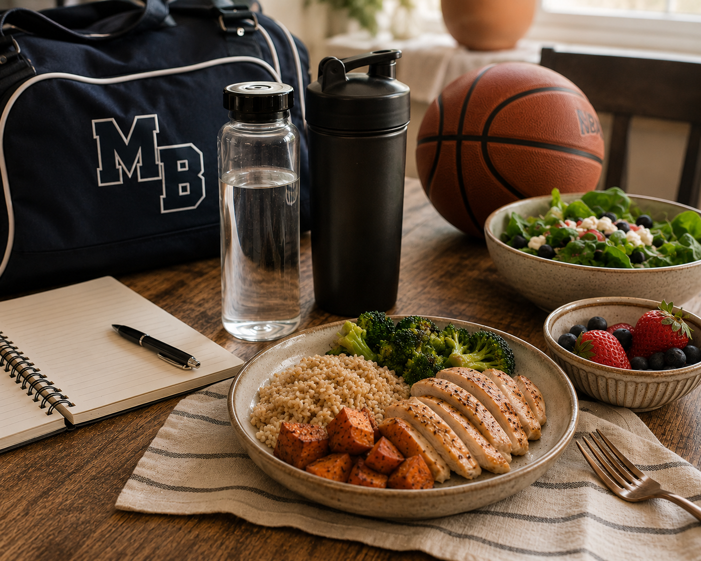 A meal on a wooden table featuring grilled chicken, rice, broccoli, and sweet potatoes served on a ceramic plate. Surrounding it are bowls of fresh strawberries and blueberries, a salad with greens and blueberries, a water bottle, a sports shaker, a gym bag with the letters "M B," a notebook with a pen, and a basketball in the background.