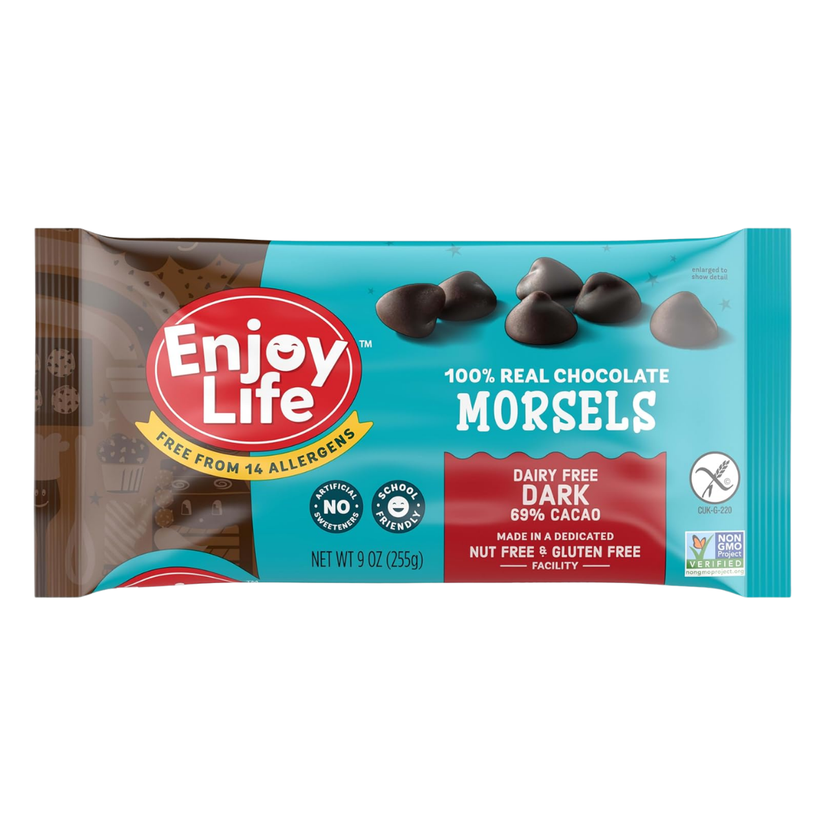 A package of Enjoy Life dark chocolate morsels, dairy free, 69% cacao, 9 ounces, with a blue background and images of chocolate morsels on the label.