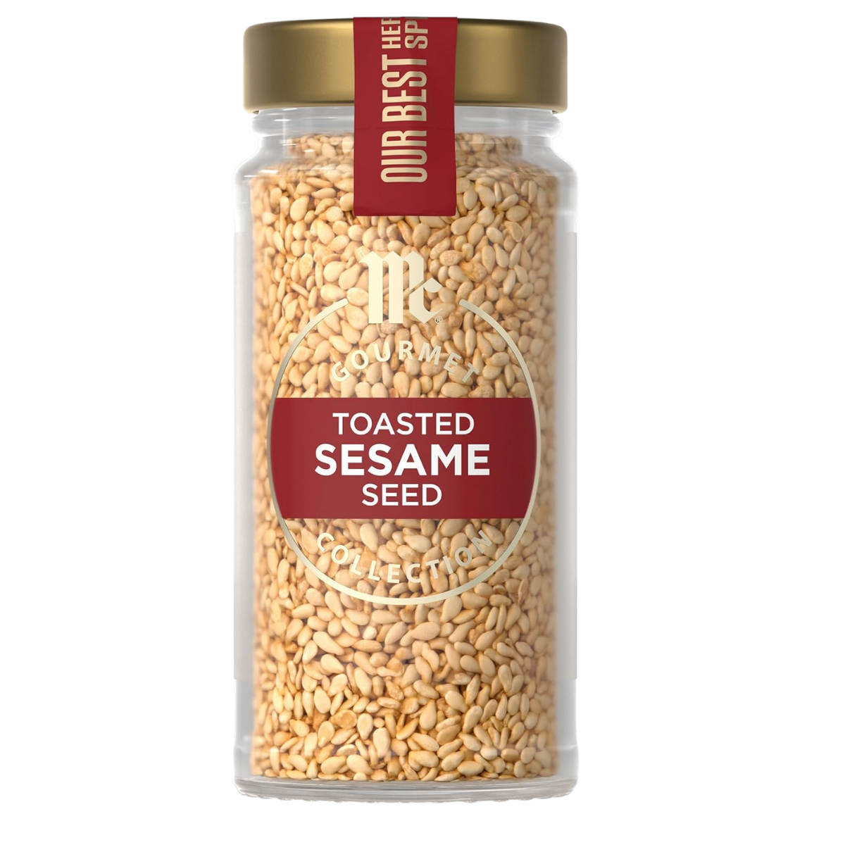 Clear glass jar of toasted sesame seed collection with a gold lid and red label.