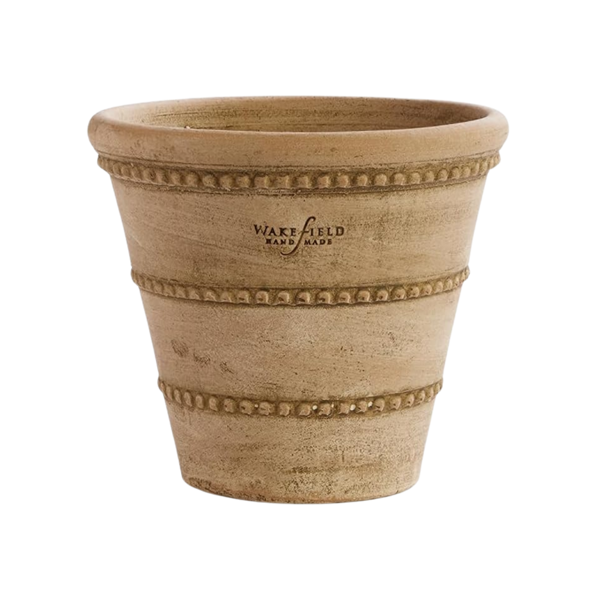 A large, beige, handcrafted terracotta flowerpot with decorative horizontal bands and the words 'WAKELFELD HAND MADE' stamped on the side.