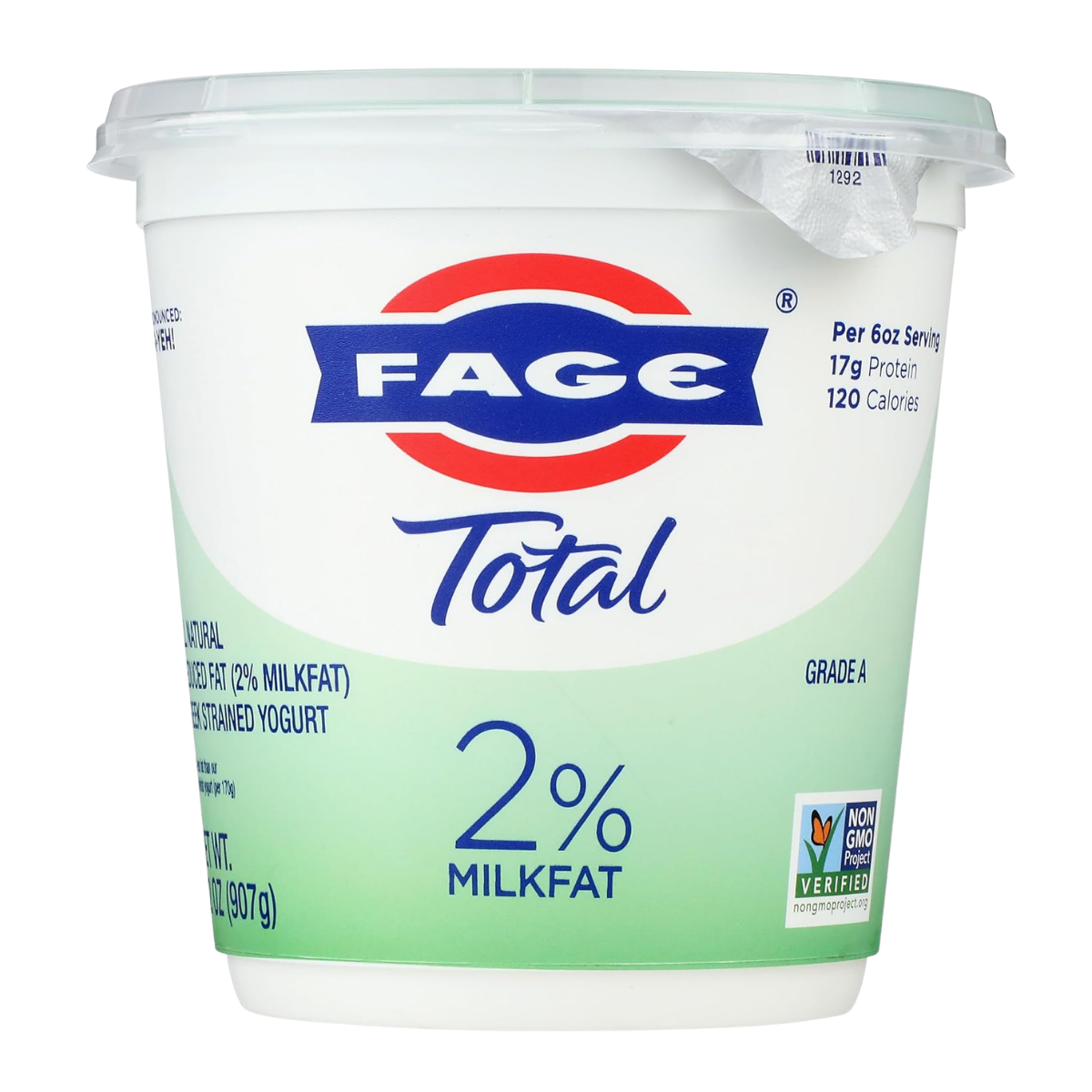 Container of FAGE Total 2% milkfat plain Greek yogurt with a white and green label, displayed upright with a partially peeled lid, showing nutrition information and the Non-GMO Project Verified logo.