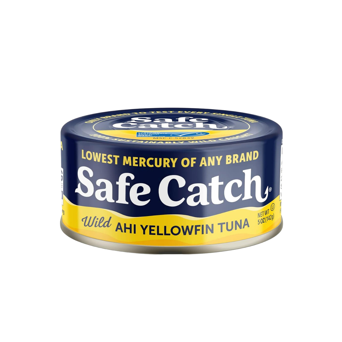 A can of Safe Catch Wild Ahi Yellowfin Tuna in a pull-tab can with blue, yellow, and white labeling, highlighting the brand's claim of the lowest mercury of any brand.