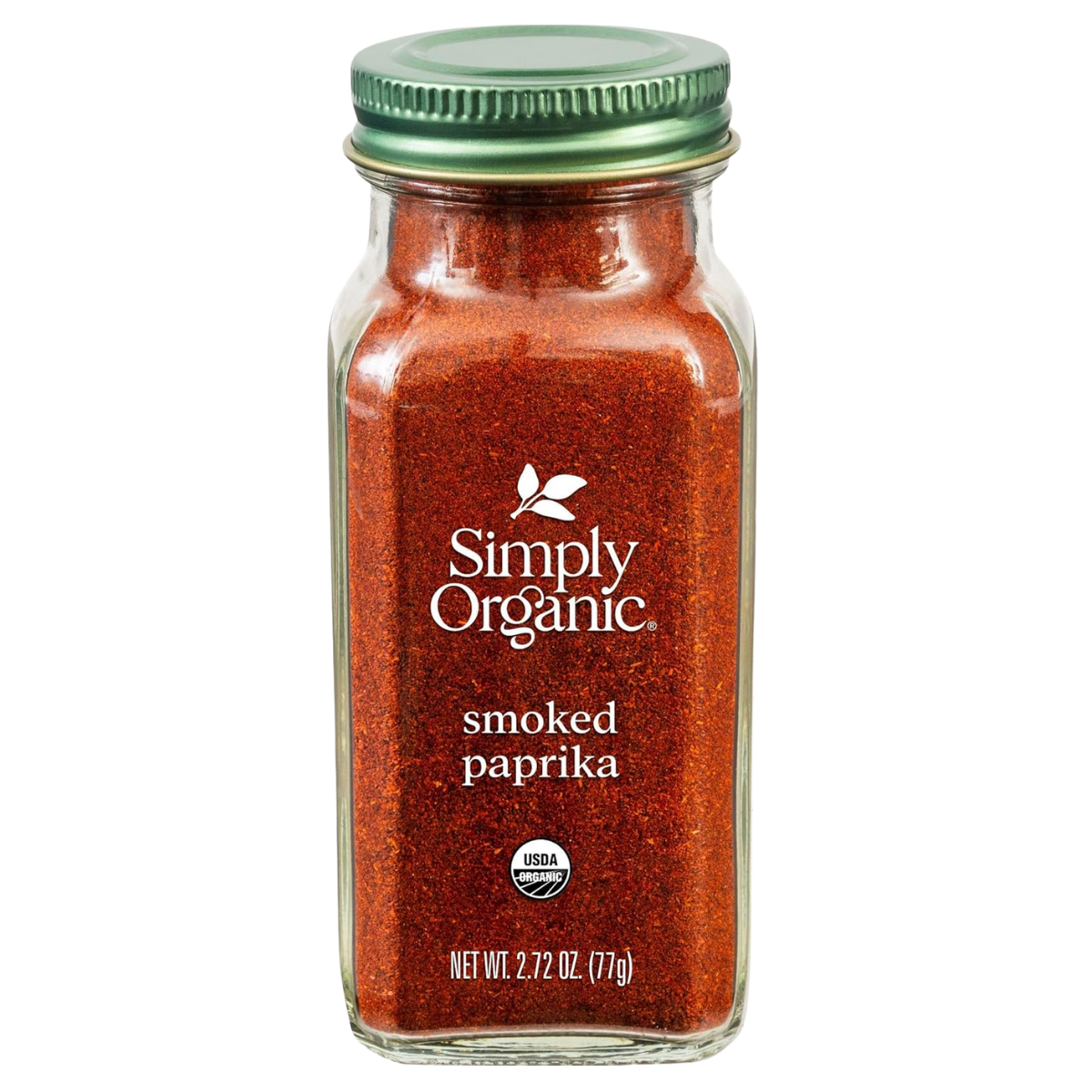 A glass jar of Simply Organic smoked paprika with a green lid, showing reddish-brown ground spice inside.