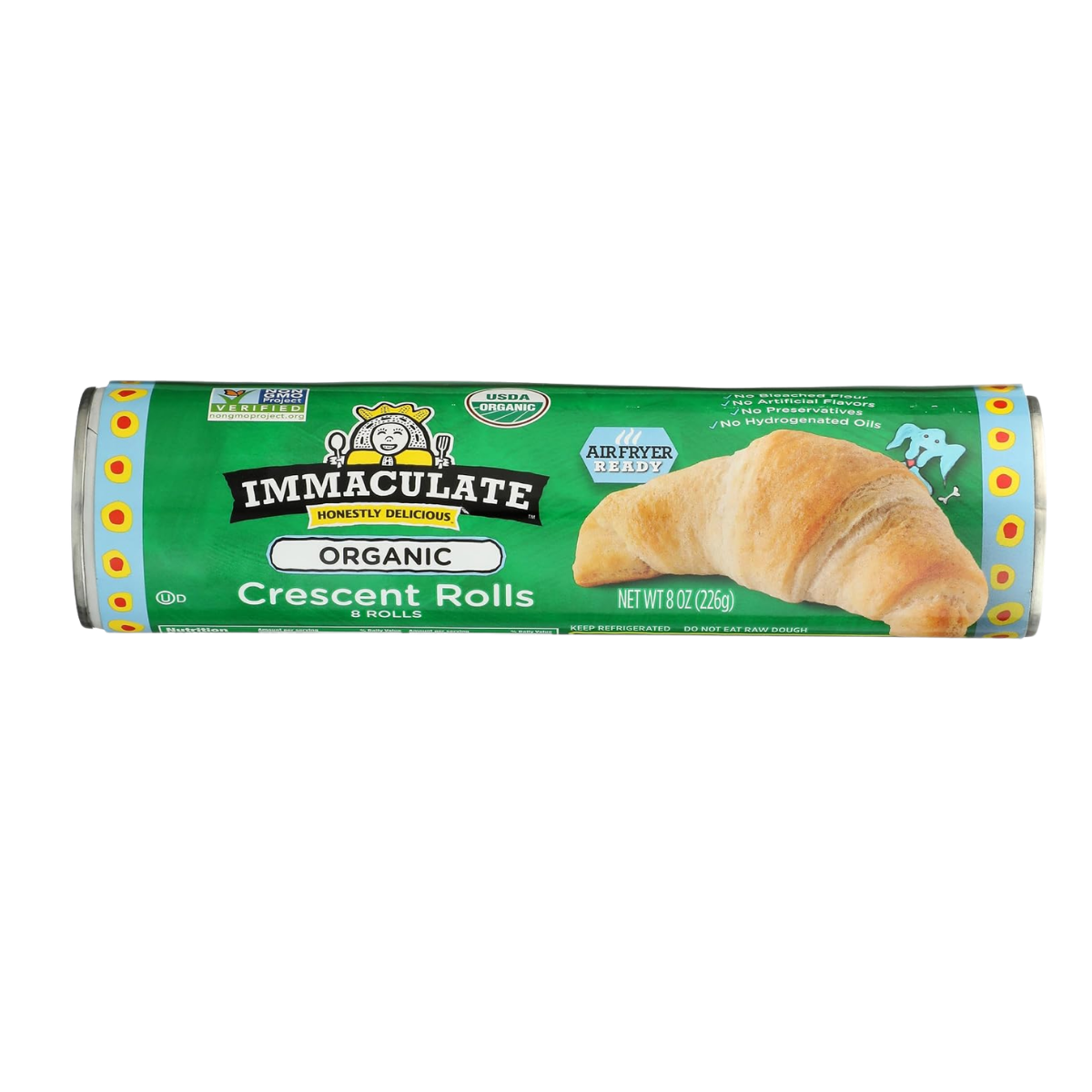 Package of Immaculate Honest Delicious Organic Crescent Rolls with a rolled croissant image on a green background.