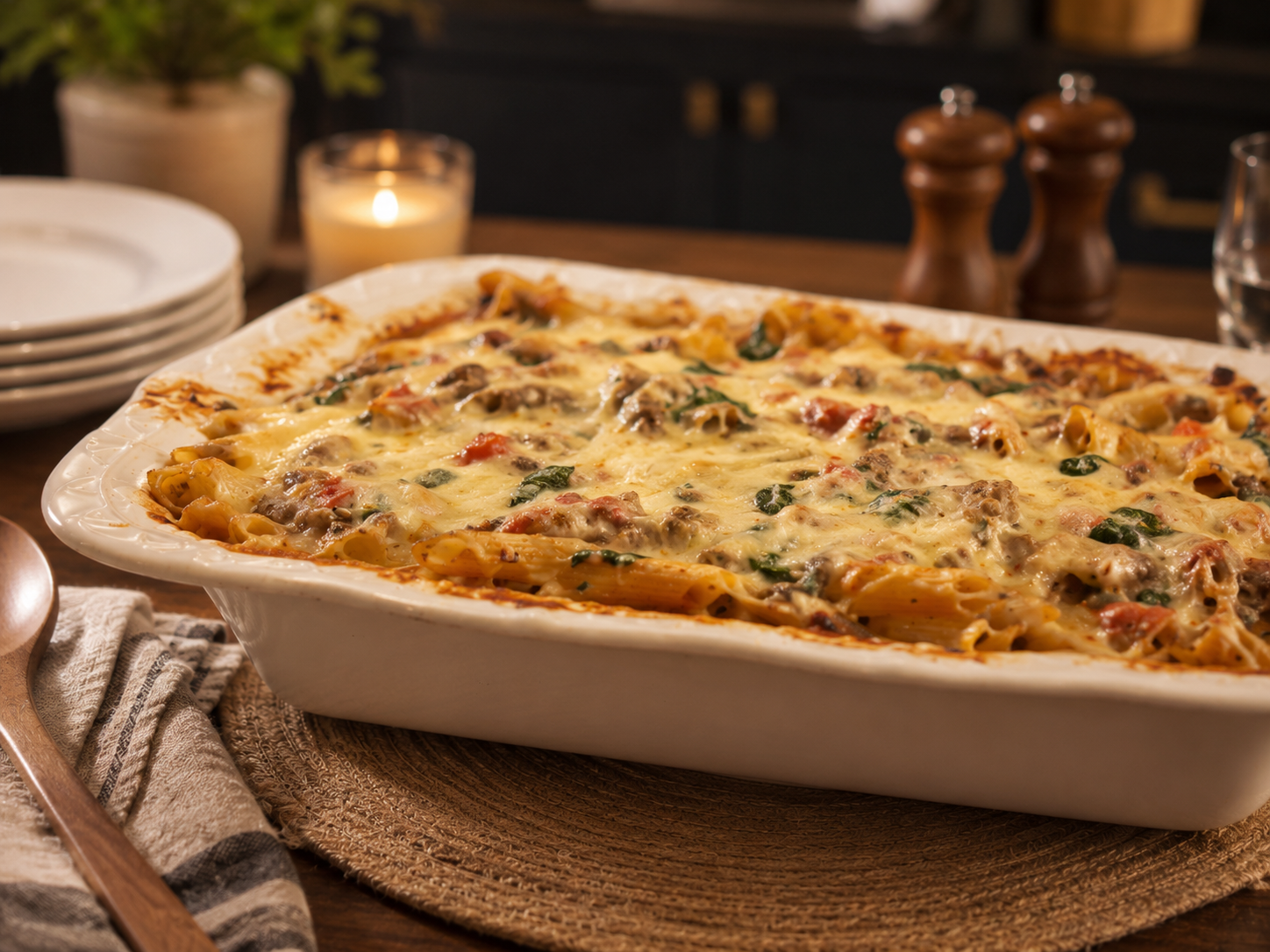 Creamy spinach and tomato baked penne pasta for warm but  not heavy early fall family meal.