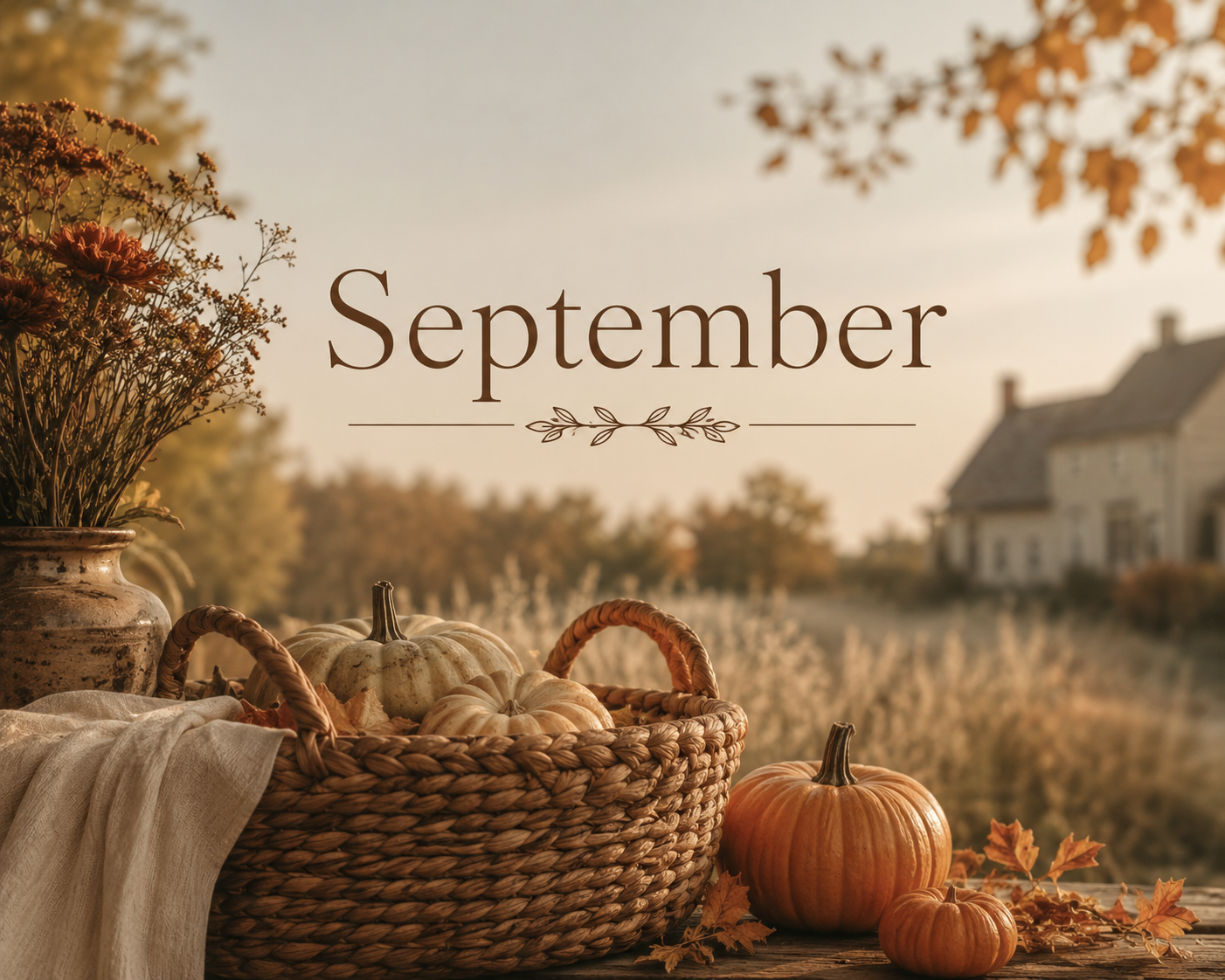 Autumn scene with a basket of pumpkins, fall leaves, and flowers, with a house and trees in the background, and the word 'September' overlayed.
