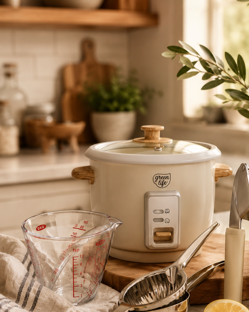 A cream-colored slow cooker with wooden handles and a glass lid on a kitchen counter. Next to it, a glass measuring cup, a lemon, and metal kitchen utensils are visible. The background shows kitchen shelves, jars, and potted plants.