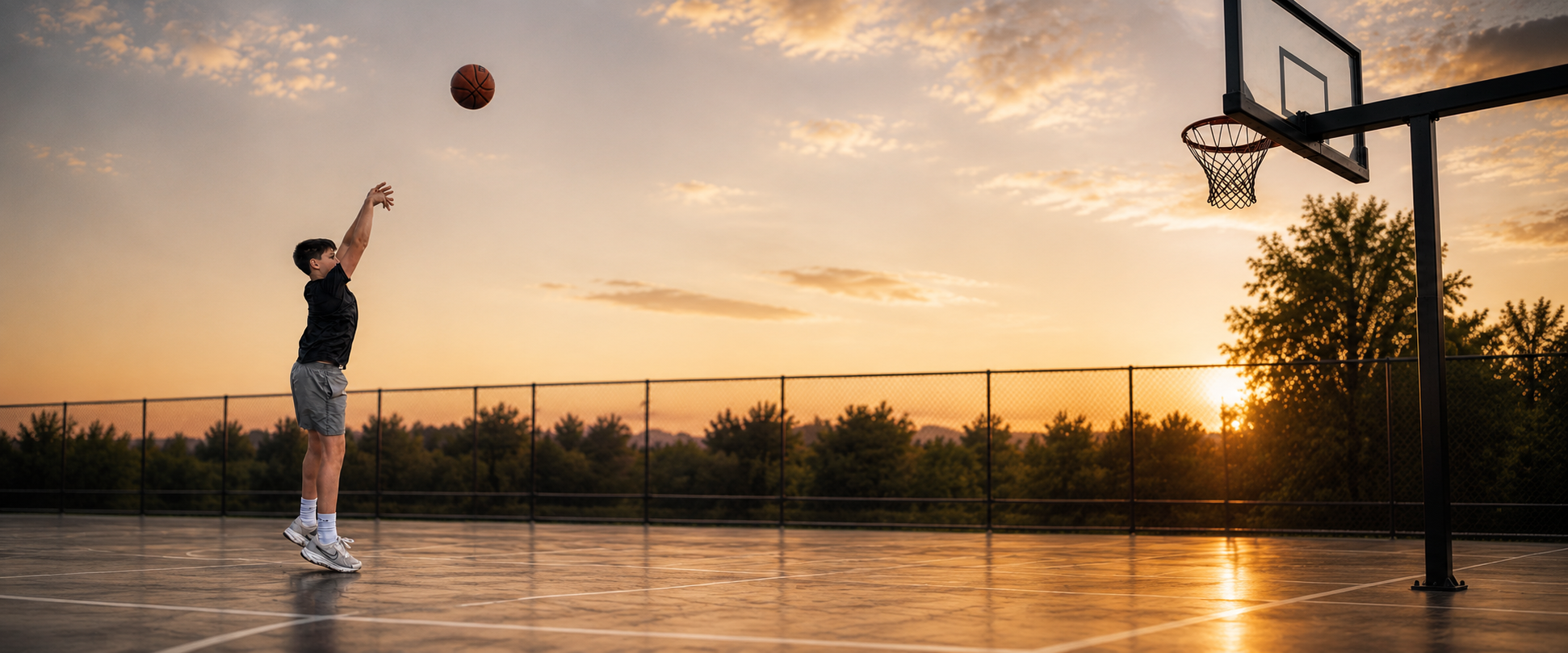 A boy playing basketball on an outdoor court during sunset, shooting the ball towards the hoop.