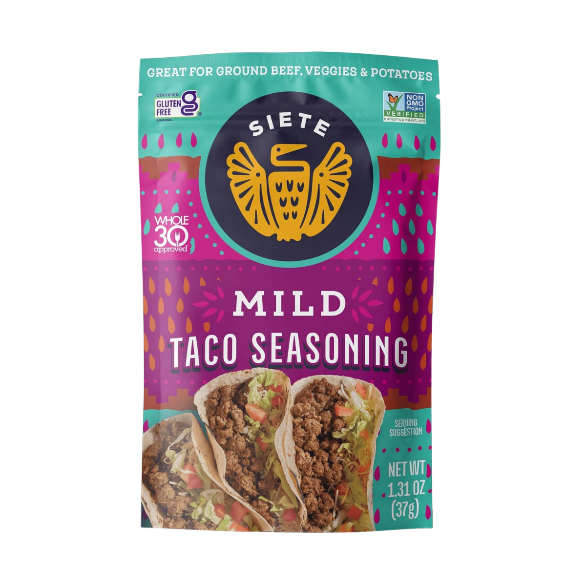 Package of Siete Mild Taco Seasoning with colorful packaging, including an image of tacos filled with seasoned ground beef, lettuce, and tomatoes, and text indicating it is gluten-free, non-GMO verified, and approved for whole 30.