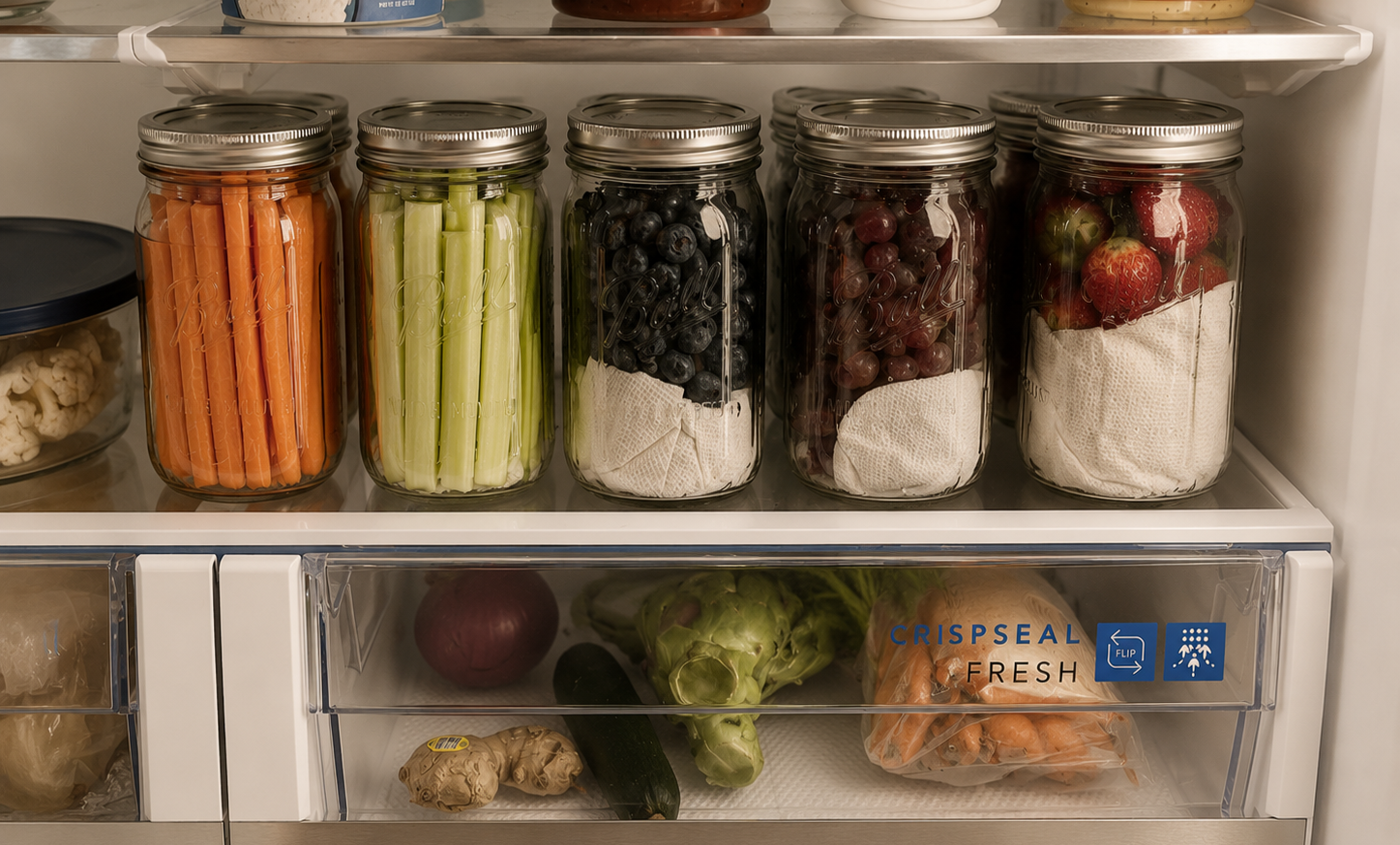 Gathered finds in kitchen fridge of mason jars to keep fruit and vegetables fresh.