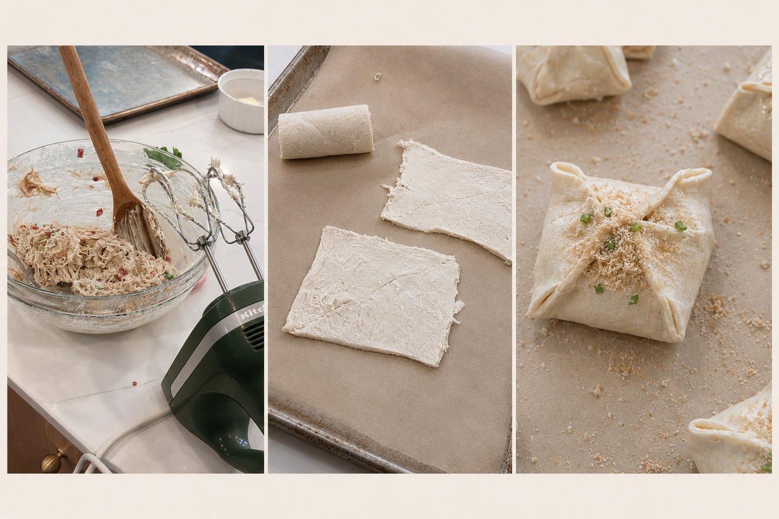 Step-by-step preparation of creamy chicken bundles with creamy chicken filling, crescent dough, and assembled bundles before baking.
