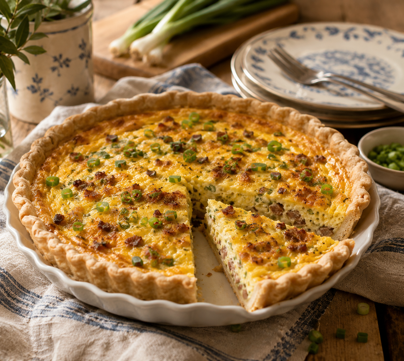 A quiche with cheddar scallions cottage cheese and your choice of turkey bacon or sausage for protein packed breakfast.