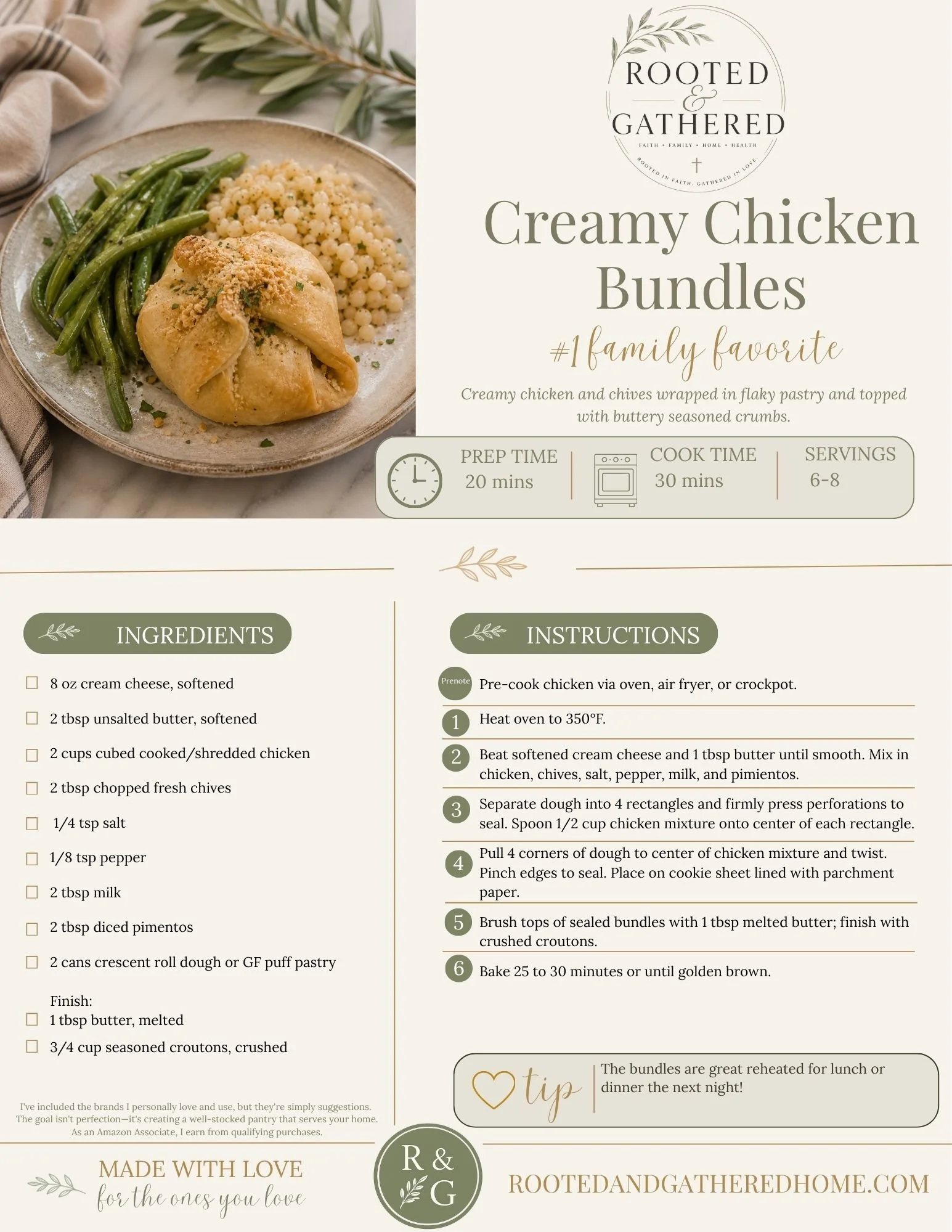 Tender chicken and chives wrapped in flaky pastry with buttery seasoned crumbs make these our family's most requested dinner.