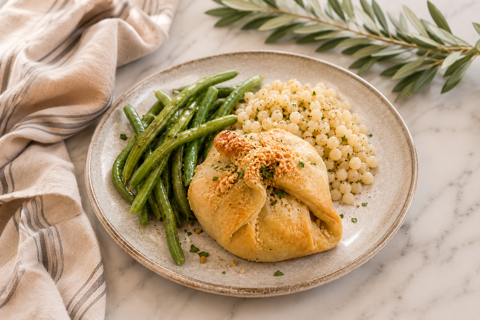 creamy chicken and chives wrapped in flaky pastry and topped with buttery seasoned crumbs.