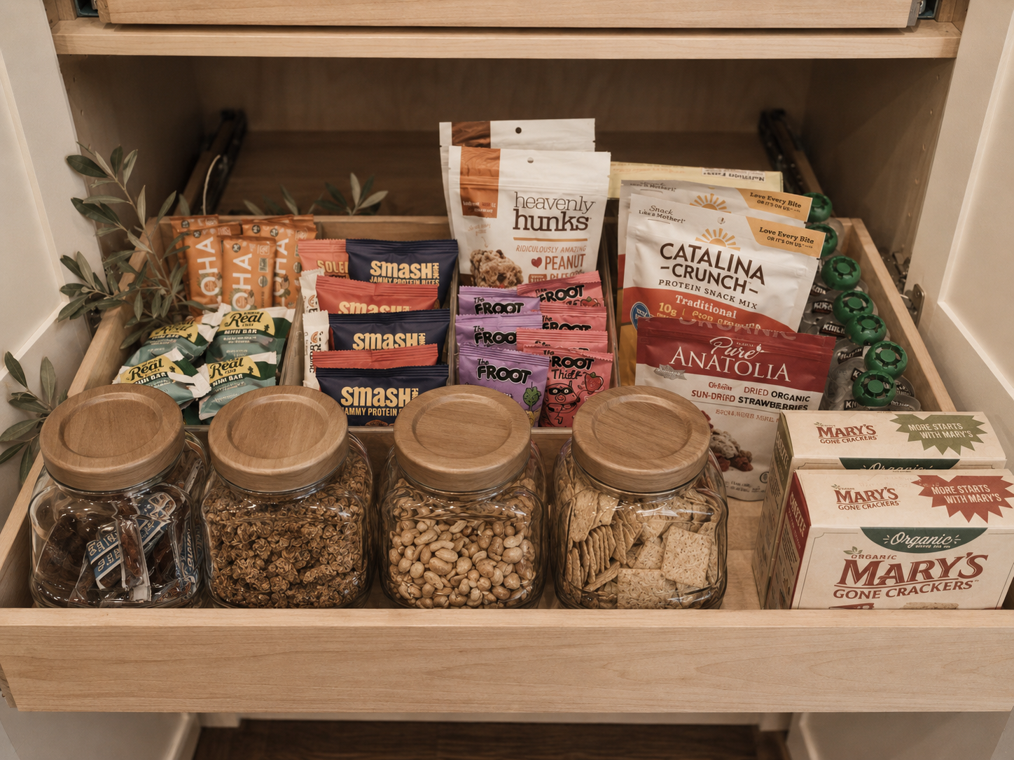 Pantry organization and favorite staples and snacks.
