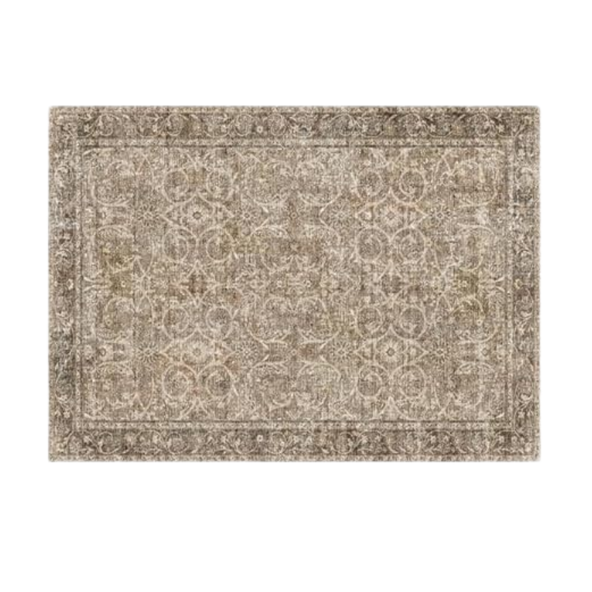 A beige and brown patterned area rug with intricate floral and geometric designs.