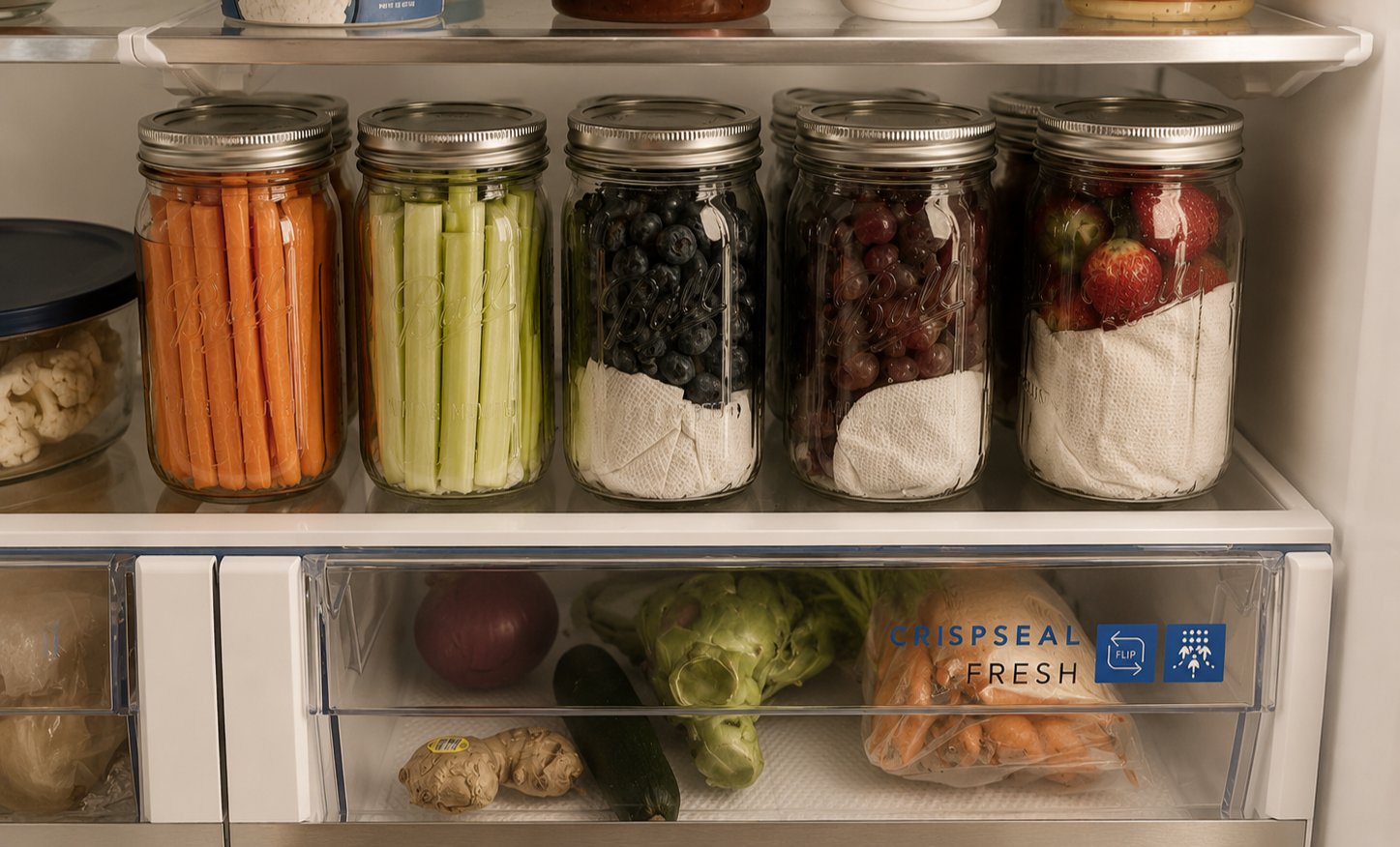 Five glass jars with metal lids on a refrigerator shelf, filled with cut vegetables and berries, labeled 'Ball'.
