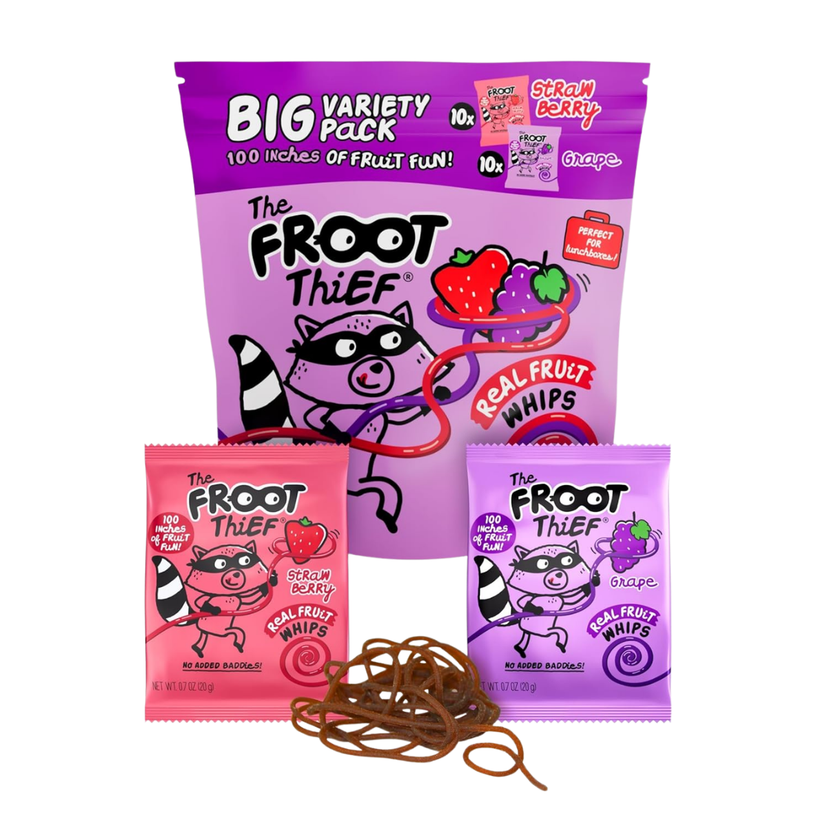 Packaged fruit-flavored gummy candies called "The Froot Thief" featuring a cartoon raccoon character on the packaging, with strawberry and grape flavors. The large purple pack contains 100 inches of fruit fun, and two smaller packs, one pink strawberry flavor and one purple grape flavor, are shown along with some gummy worms in front.