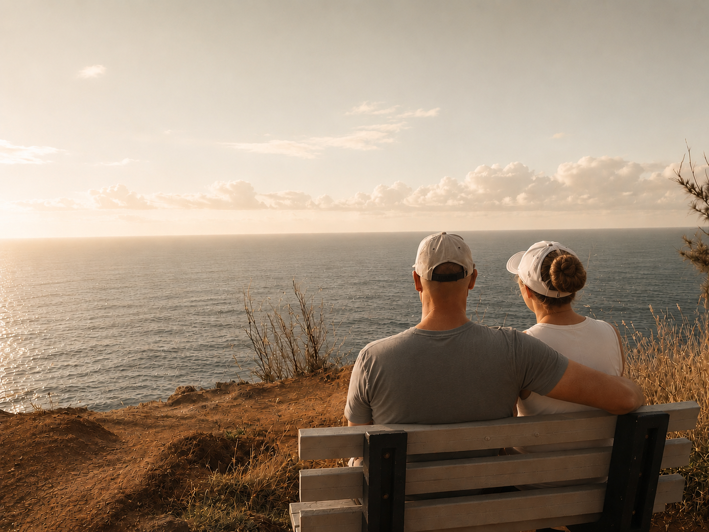 couple on bench overlooking ocean finding love, peace and tranquility.