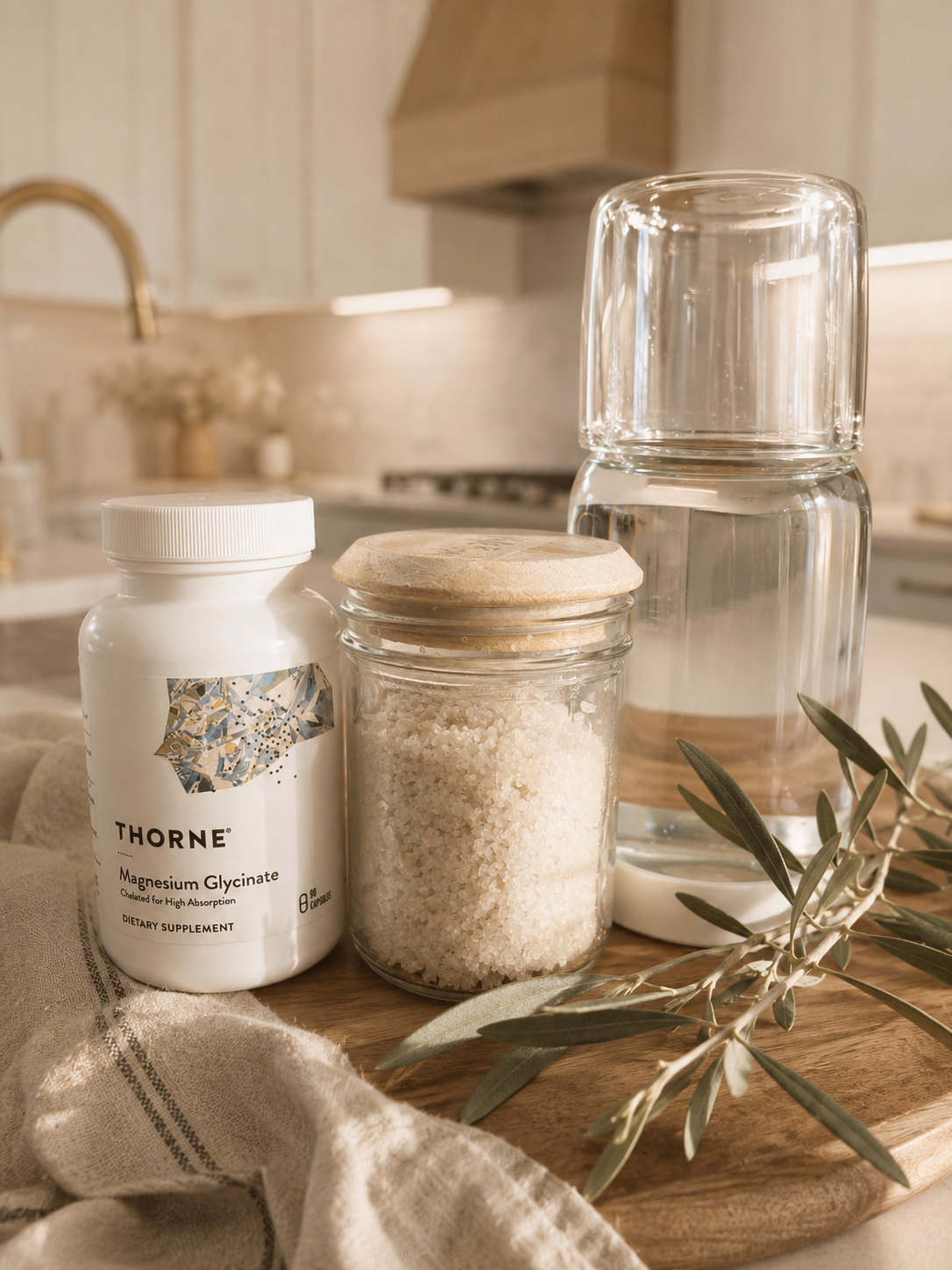 A bottle of Thorne Magnesium Glycinate, a jar of sea salt, and an empty glass jar placed on a wooden surface in a kitchen setting.