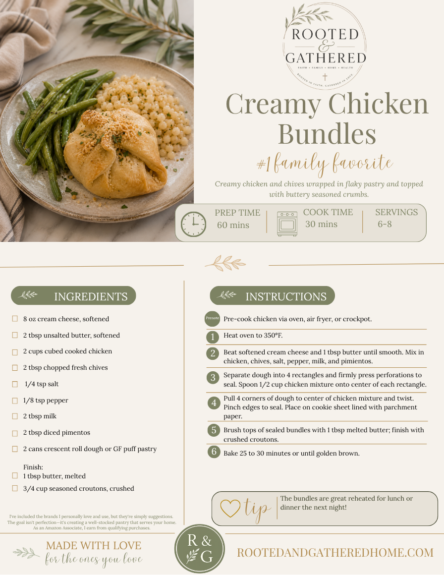 Ingredients needed to make creamy chicken bundles including chicken, cream cheese, crescent rolls, and seasonings.