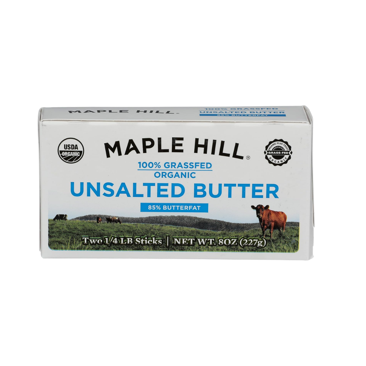 A box of Maple Hill 100% grass-fed organic unsalted butter, weighing 8 ounces or 227 grams, with a picture of cows in a green field.