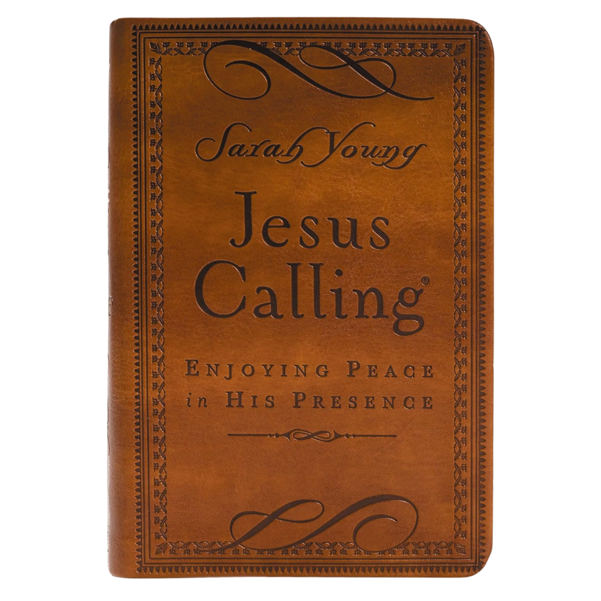 A book titled "Jesus Calling: Enjoying Peace in His Presence" by Sarah Young, with a brown leather cover and decorative border.