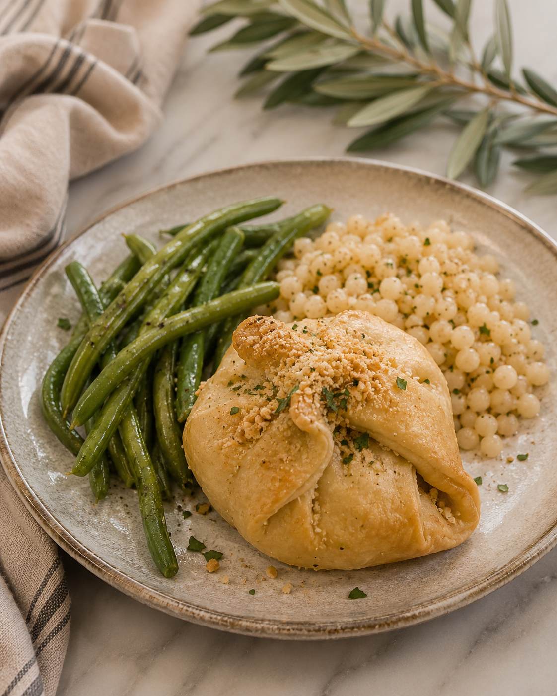 Plate with cooked green beans, couscous, and a baked chicken leg topped with breadcrumbs and herbs, on a beige ceramic plate.