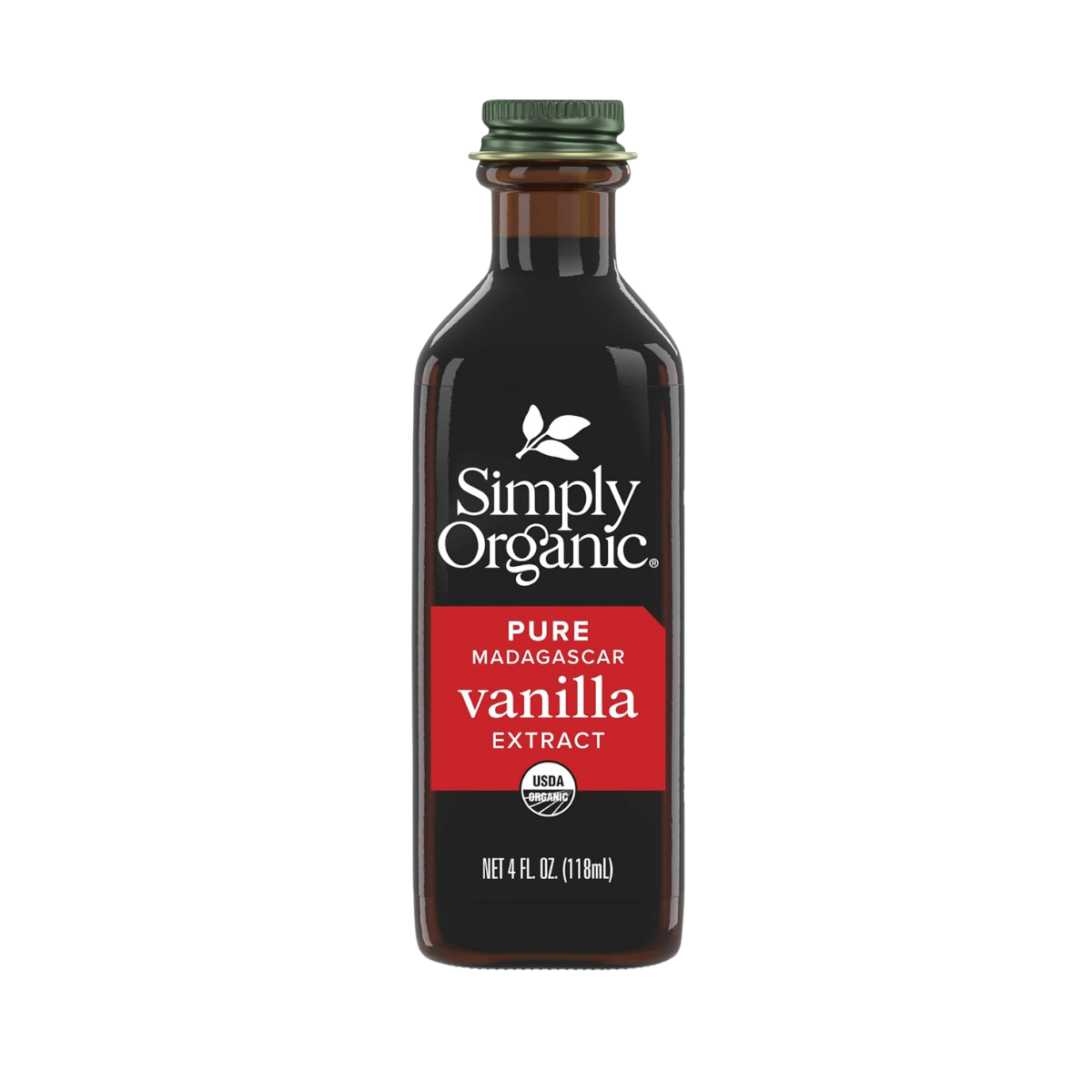 A bottle of Simply Organic Pure Madagascar vanilla extract, 4 fluid ounces, with a black background and red label.