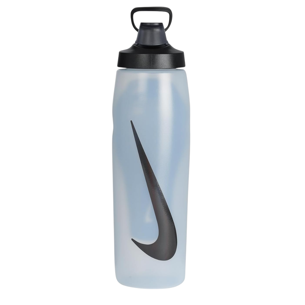 A sports water bottle with a black Nike logo on a light-colored body and a black lid with a handle.