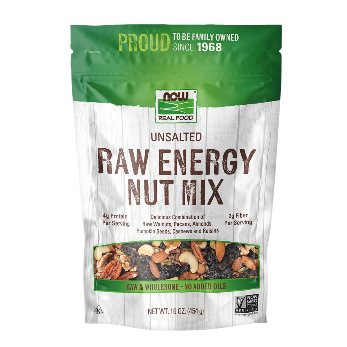 A package of NOW real food unsalted raw energy nut mix with a green and white design, showing a clear window of mixed nuts and dried fruits, and labeled as non-GMO and free of added oils.