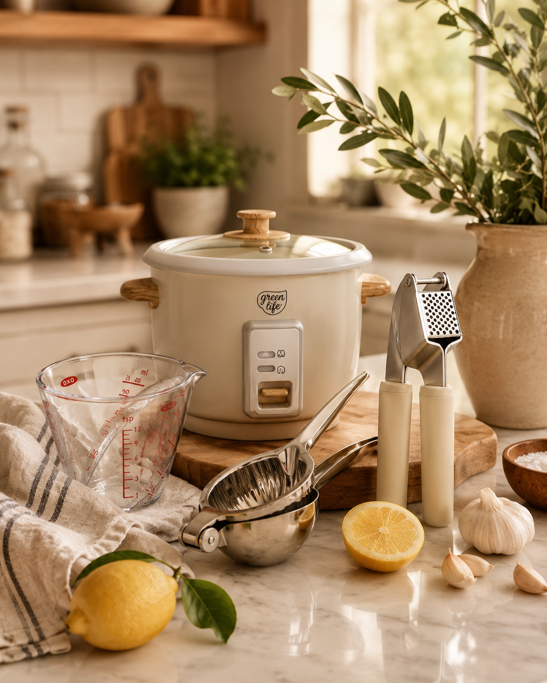 Gathered finds favorite kitchen prep tools on the kitchen countertop.