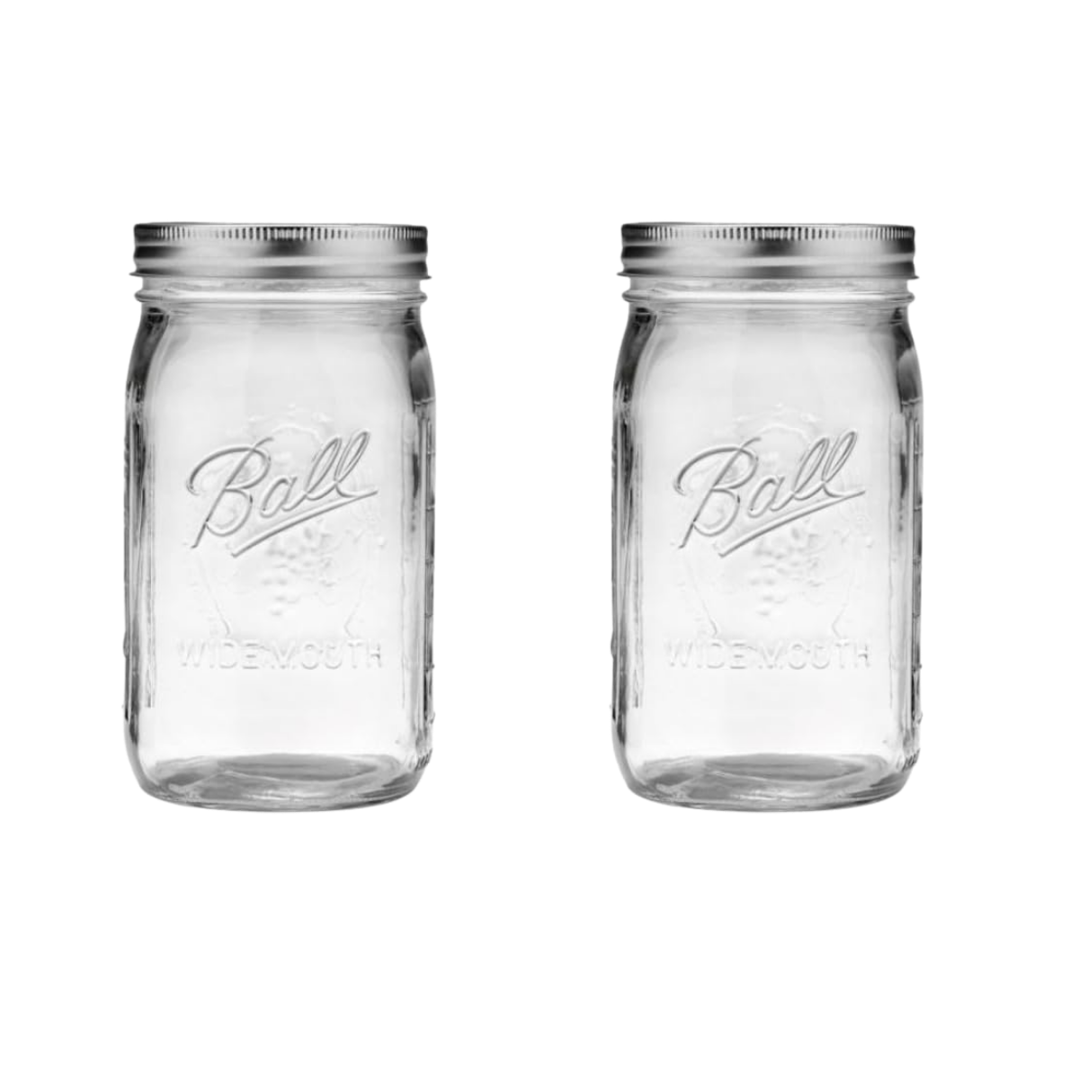 Two empty glass Mason jars with silver screw-on lids, side by side, embossed with the words "Ball" and "Wide Mouth."